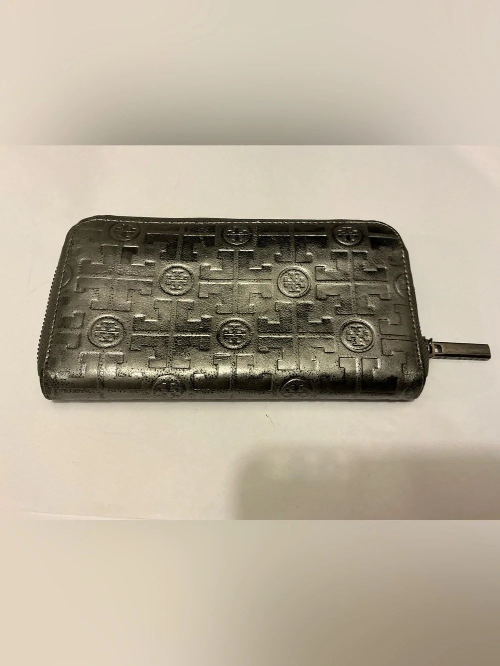 Tory Burch Gunmetal Embossed Logo Clutch